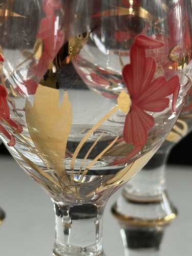 Vintage Bohemian Ruby Red and Gold Cordial Glasses-Hand Painted Florals Set of 4 - Picture 17 of 24