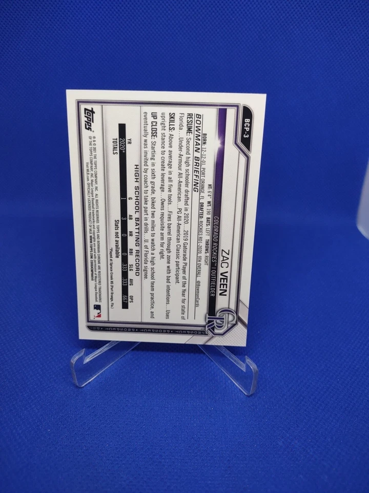 2021 Bowman Chrome Prospects Aqua Refractor /125 Zac Veen #BCP-3 - Image 4 of 4