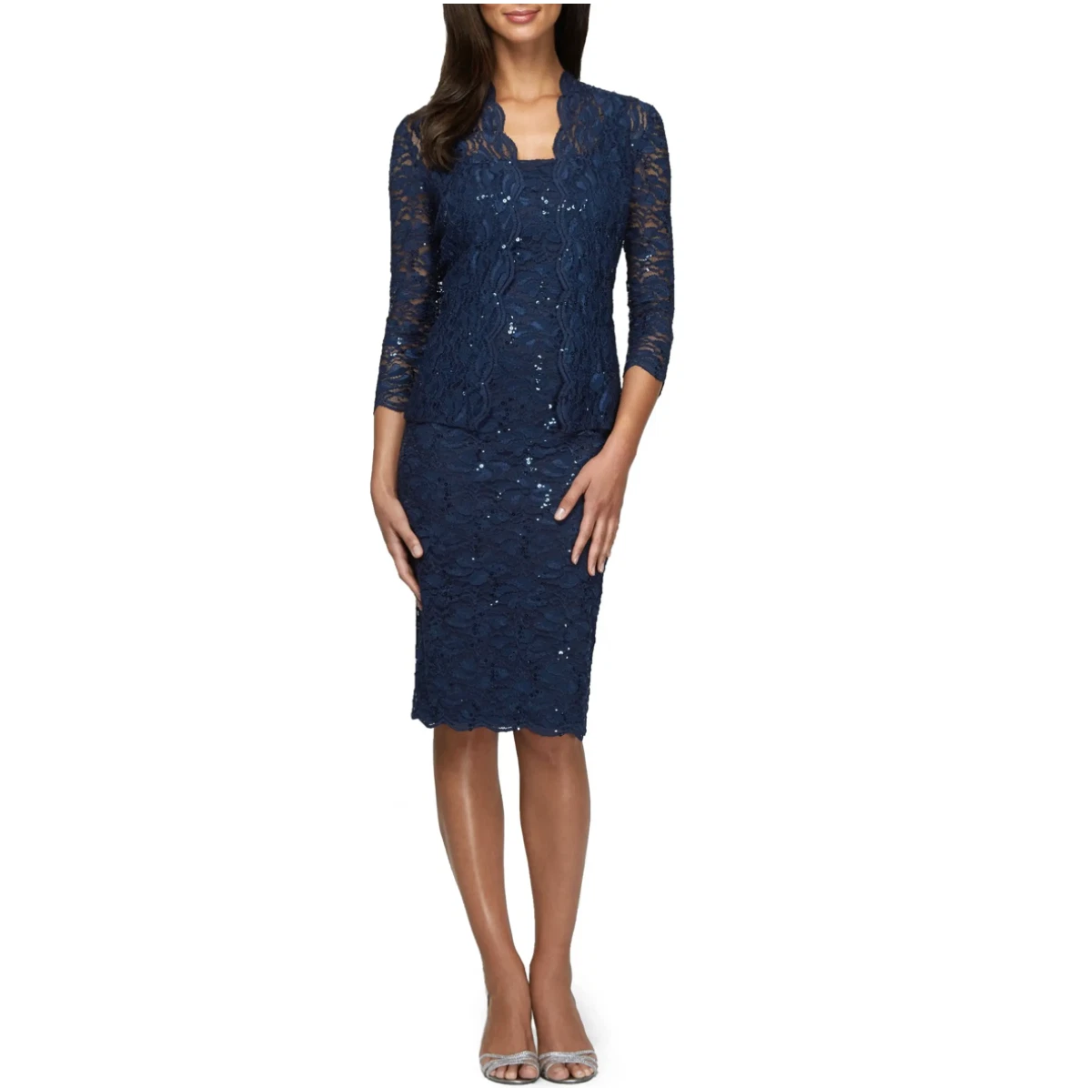 Navy blue lace dress with best sale jacket