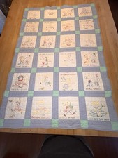 Vintage Handmade 1960 s Baby Quilt USA Blue Hand Painted Missionettes 36 x 54