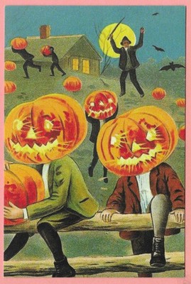 Halloween Postcard, jack-o-lantern headed pumpkin thieves, vintage reprint