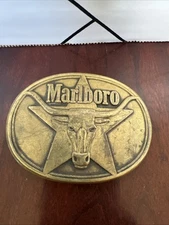 VINTAGE 1987 Philip Morris Marlboro Belt Buckle Solid Brass Long Horn Steer Star