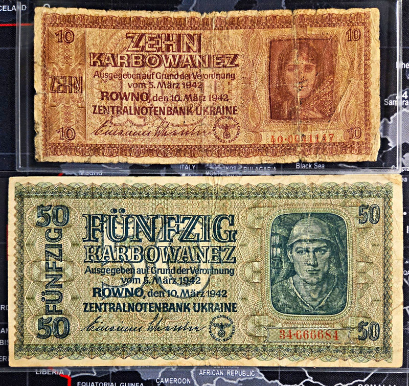 Lot Of 2 - Ukraine 1942 German Occupation 10 & 50 Karbowanez Banknotes