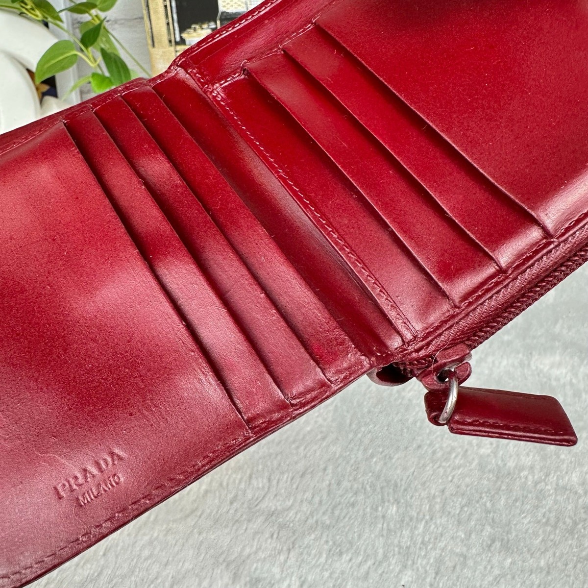 Prada Compact Patent Leather Vintage wallet maroon red with auth
