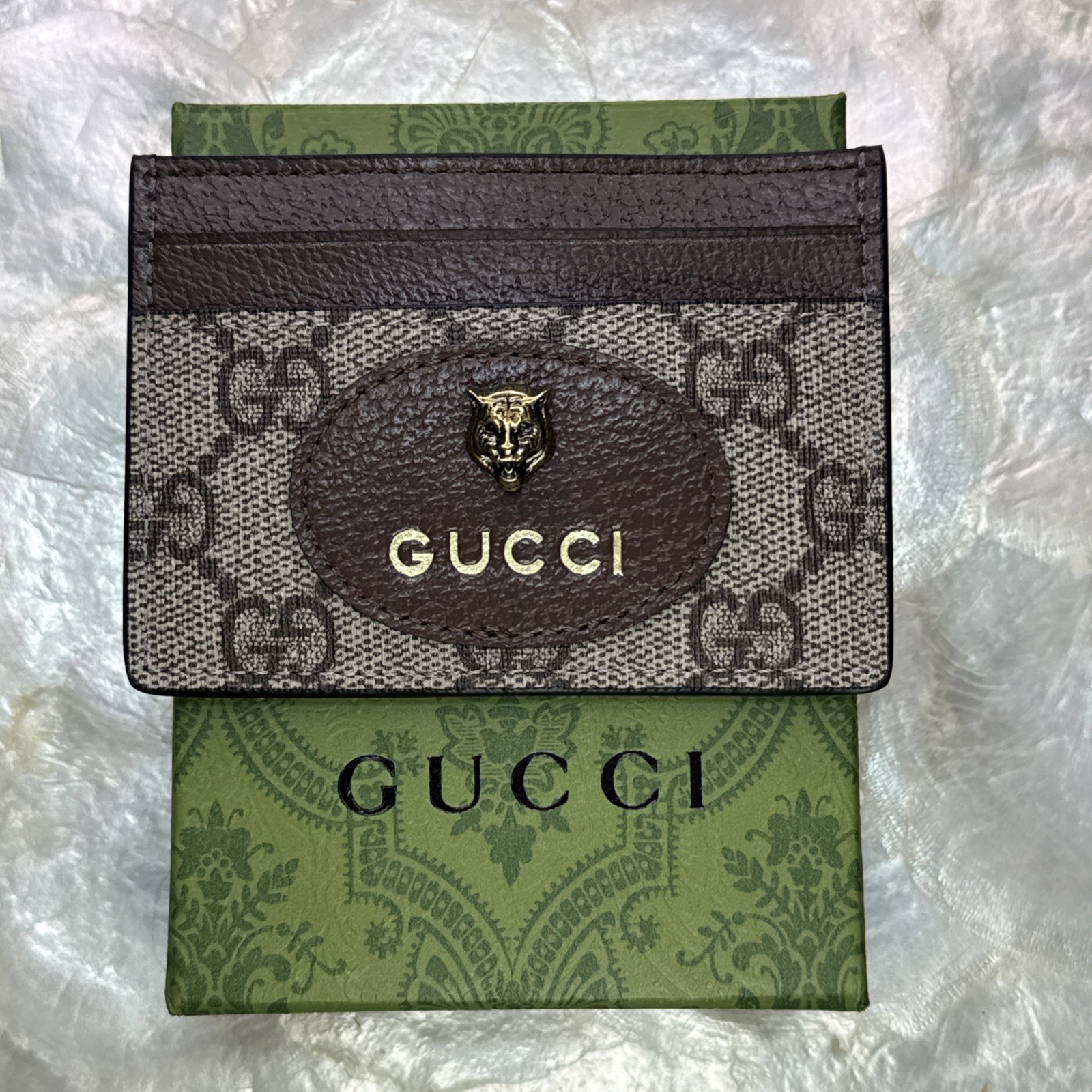 Gucci GG Supreme Neo Vintage Tiger Head Card Case Brown Yellow