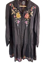JOHNNY WAS Black Ramie Embroidered Button Tiered Long Sleeve W36923-1