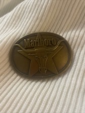 1987 Marlboro Belt Buckle Solid Brass PHILIP MORRIS Longhorn Steer Star Vintage