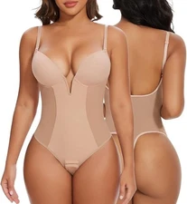 SHAPERIN Backless Bodysuit Shapewear Tummy Control Push Up Body Shaper, Beige M