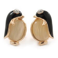 Schwarze Emaille Katzenauge Pinguin Ohrstecker in Vergoldung - 20 mm Länge
