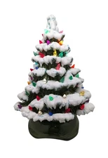 Vintage Byron Molds Ceramic Christmas Tree Green Snow Capped With Base 1970s 15"