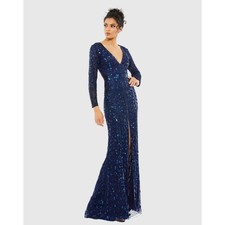 Mac Duggal 5002 Midnight Blue Embellished Front Slit Long Sleeve Gown Size 14