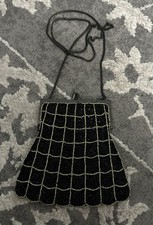 Antique mesh micro beaded purse bag art deco Victorian flapper Black Gold