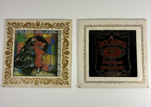 Lot of 2 Vintage Carnival Glass Mirror Prize Grim Reaper Fear No & Jack Daniels