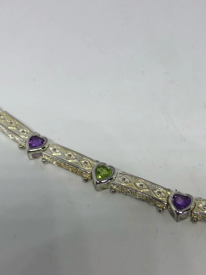 Vintage Handmade Genuine Peridot Amethysts 925 Sterling Silver Tennis Bracelet - Image 2 of 4