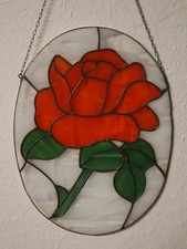 Fensterbild Bleiglas Bild Sonnenfänger mit schönem Rosenmotiv groß oval vintage