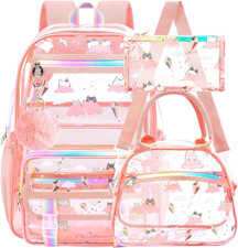 3PCS Clear Backpack, Girls Cloud Cat Pink Transparent Bookbag Heavy Duty, See th