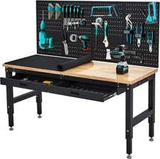 60" Workbench Rubber Wood Tabletop Work Table W/2 Drawers & Pegboard Pad 3000LBS