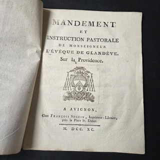 Mandement Evêque De Glandève Avignon 1790 Instruction Pastorale Ancien XVIIIè