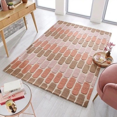 Hand Tufted Modern Pink Brown Geometric Area Rug Abstract Oval Pattern Soft