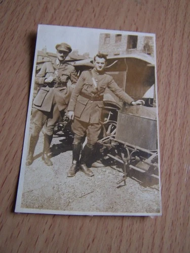WW1 Military Soldiers in Uniform Leaning on Vehicle Vintage Photo