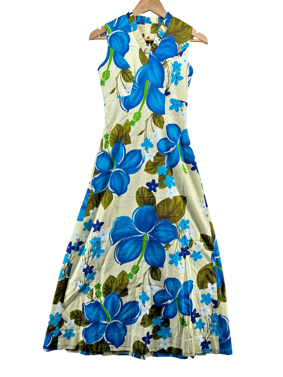Vtg Royal Hawaiian Maxi Dress Size 6 Yellow Blue Floral Barkcloth Empire  Waist | eBay