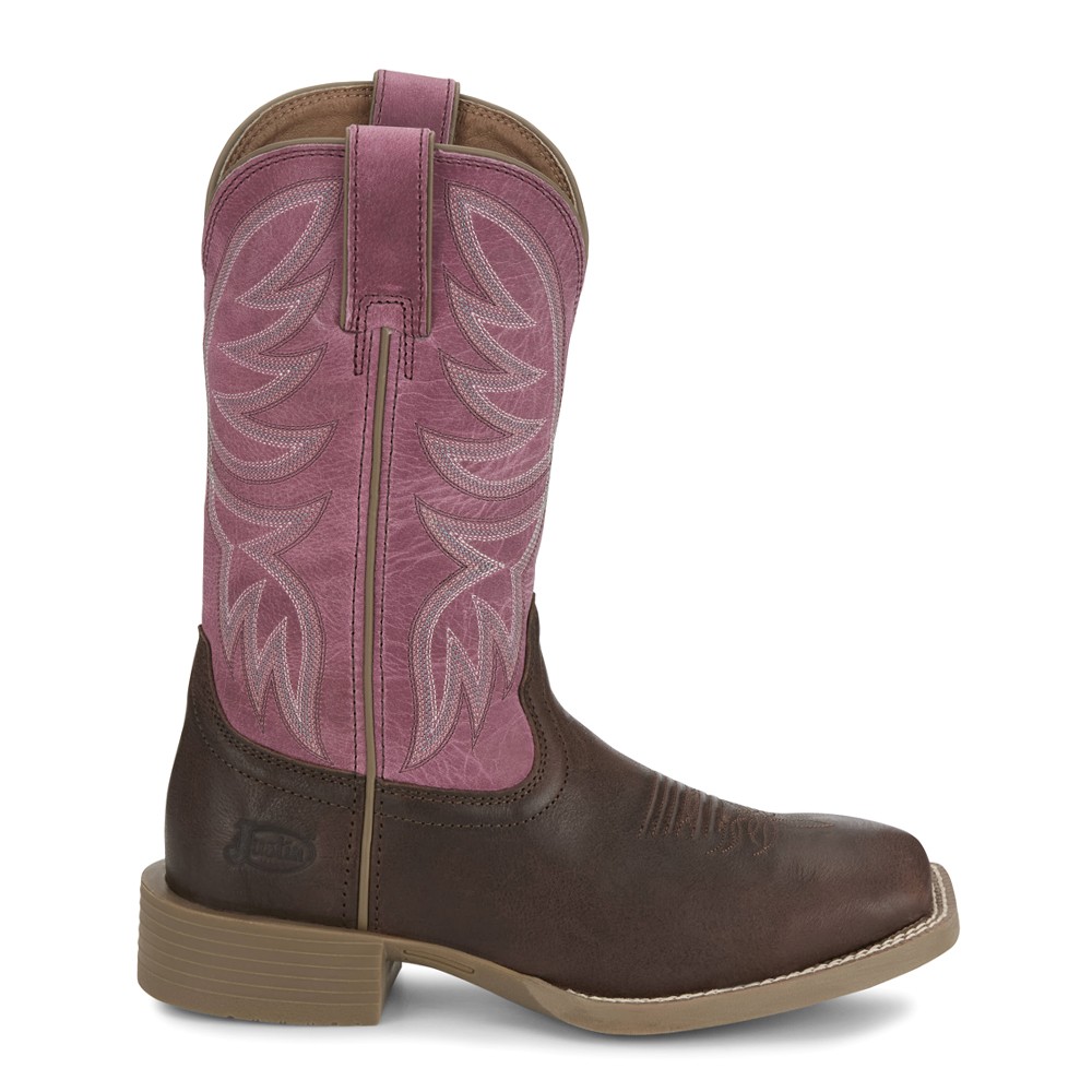 Justin Boots Demeter Embroidered Wide Square Toe Cowboy Boots for Women in Brown and Pink Casu