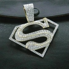 2Ct Real Moissanite Men's SUPERMAN Pendant 14K 2 Tone Gold Plated 925 Silver
