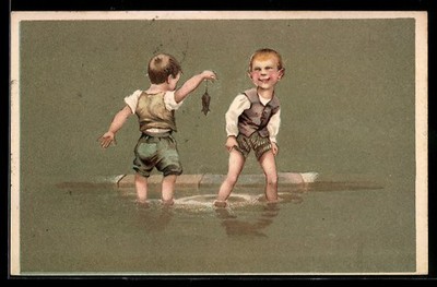 Postcard Two Boys Caught A Rat In The Water 1907 