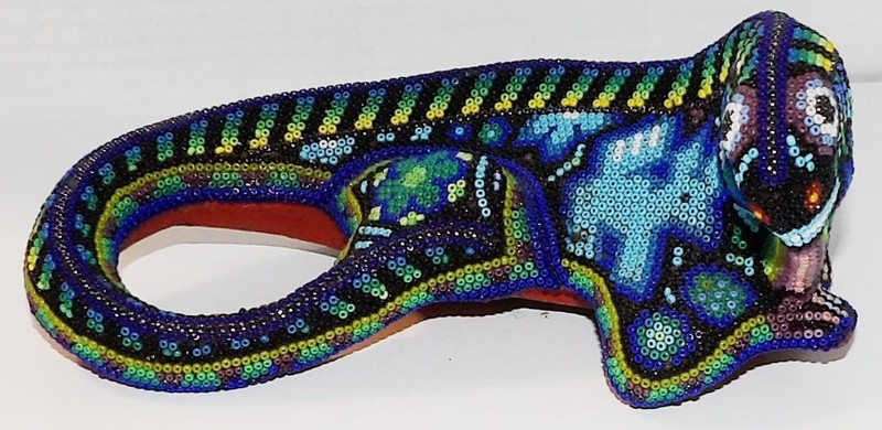 Signed Huichol Mexican BEADED LIZARD Folk Art Sculpture #1 3" high x 7" long