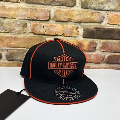 New Harley Davidson Motorcycles Fitted Hat Size 7 1/8 Black Orange