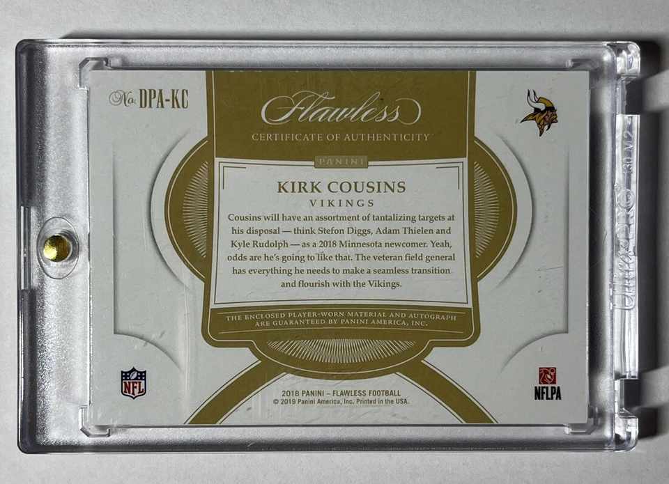 2018 Flawless Kirk Cousins 1/1 Patch Auto on Card - Vikings  SP - Image 4 of 4