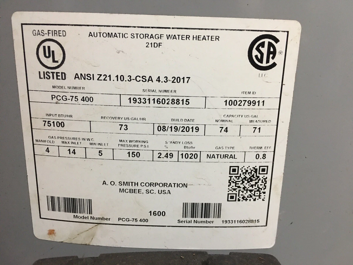 AO Smith Water Heater Gas PCG 75-400 75 Gallons-used for 1 week (see  description | eBay