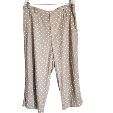 Linen Polka-dot Pants Trousers Wide Leg Elastic Waist Beige Womens L 16/18 Crop