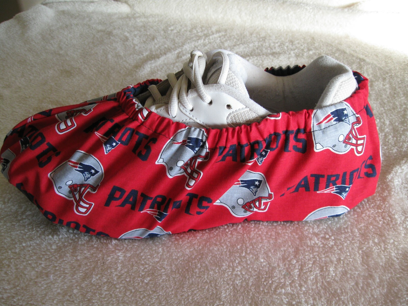 NFL Patriots bowling shoe covers. Handmade, cotton, lined, vinyl sole