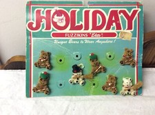 7 Vintage Holiday Fuzzkins Bear Pins On Original Card