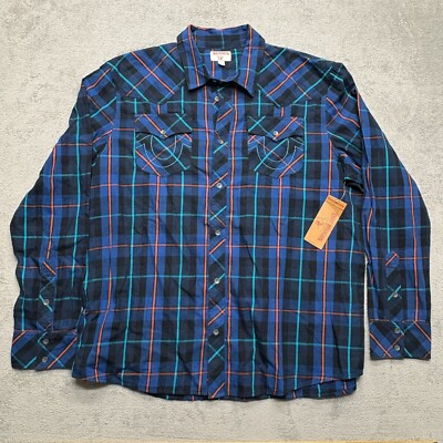 true religion dress shirts True Religion Button Up Western Plaid Shirt Mens Purple 3XL Flap Horseshoe