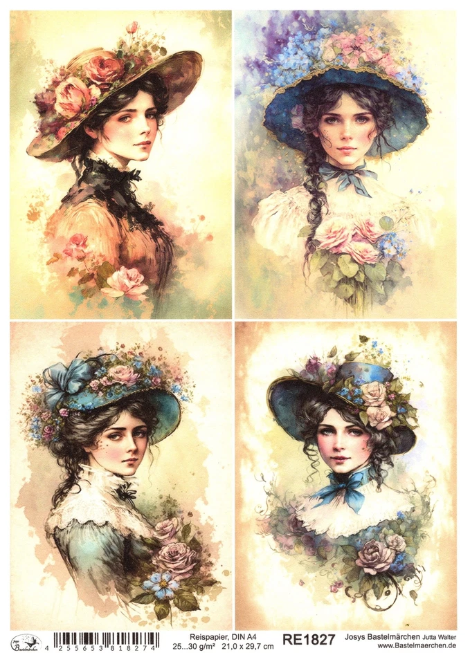 JOSYS BASTELMÄRCHEN Papel de arroz A4 seda de paja decoupage vintage niña con sombrero de flores RE1827