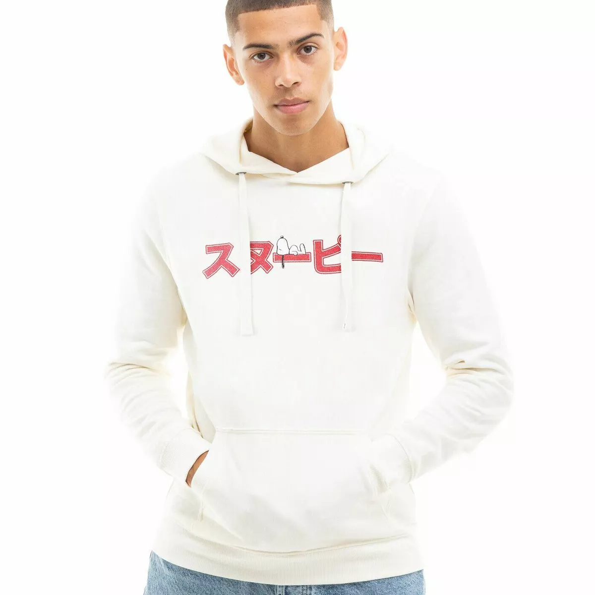 Official Peanuts Mens Snoopy Logo Japanese Hoodie Jumper White S XXL