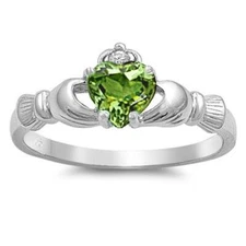 925 Sterling Silver Peridot CZ August Birthstone Claddagh Ring Band Size 3-13