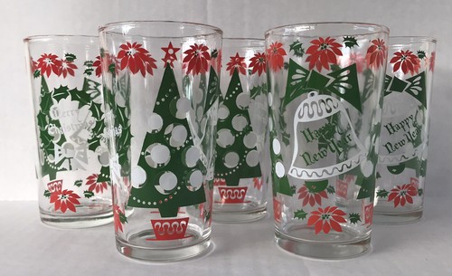 Christmas Glass Tumblers Set of 5 Hazel Atlas Christmas Tree Mid Century MCM