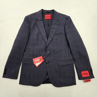 Hugo Boss Mens 36R Modern-Fit Wool Blend Dark Blue Plaid Suit