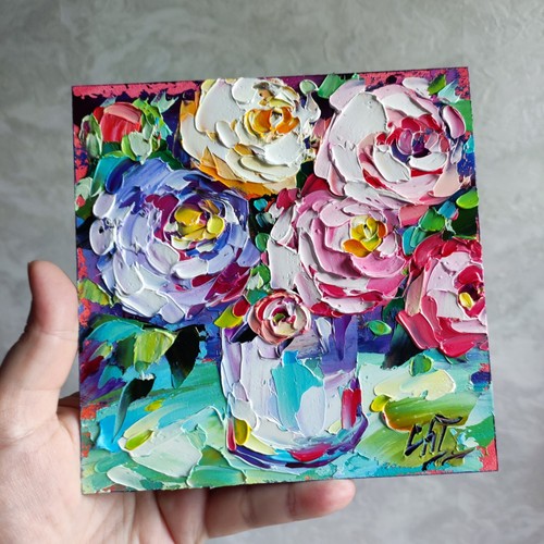 original oil painting Peony Rose colorful flowers artwork Floral still life art - Picture 5 of 8