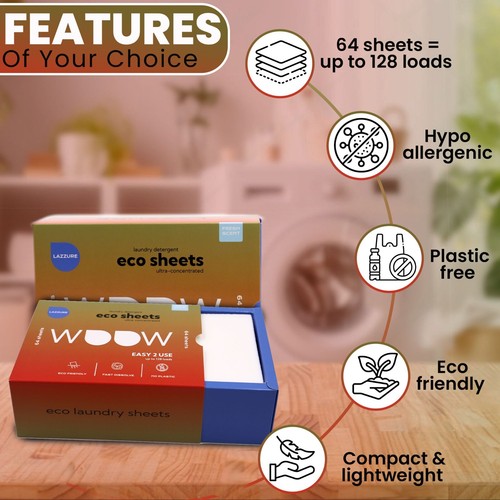 Lazzure Eco-Friendly Laundry Detergent Sheets 64ct Fresh Scent | 128 Loads | New - Picture 3 of 5