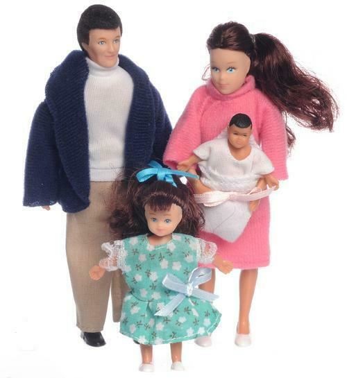 Dolls House Modern Brunette Family of 4 People Mum Dad Daughter Baby 1:12 Scale