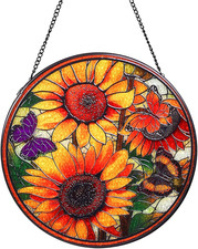 Sunflowers Handmade Stained Glass Window Hanging Suncatcher with Chain - 7.9" Ou