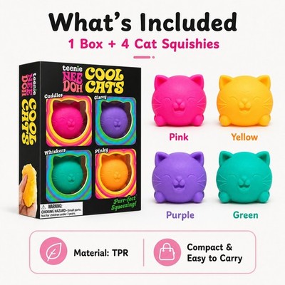 NeeDoh Teenie Cool Cats 4-Pack Schylling Squishy Kittens Fidget Stress Toy NIB