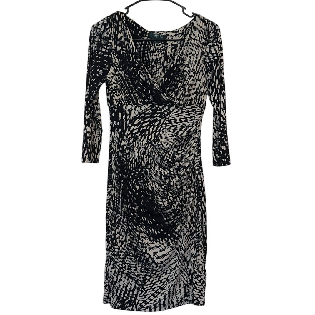 Lauren Ralph Lauren Faux Wrap Sheath 3/4 Sleeve Dress Size 2 Ruched Cocktail