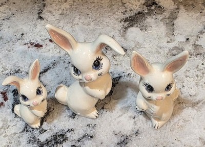 Vintage Ceramic Homeco Playful Wide Eyed White Bunnies Set of 3 SPRING EASTER