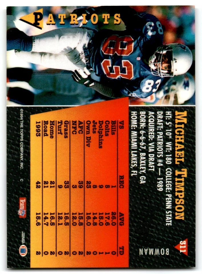 1994 Bowman Michael Timpson New England Patriots #311 - Image 2 of 2
