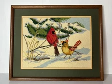 Completed Vintage 80s Framed Art Needlepoint FIRST SNOWFALL Cardinal Bird 21x17